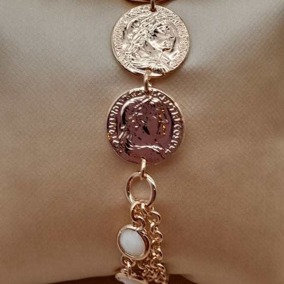 18k ROSE GOLD OVER BRONZE STATIONED COIN BRACELET SIZE 6- 7.5 - Picture 4 of 5